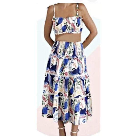 House of Harlow 1960 Dresses & Skirts - House of Harlow 1960 Womens Linen Midi Skirt Size S Multicolor Tropical Smocked